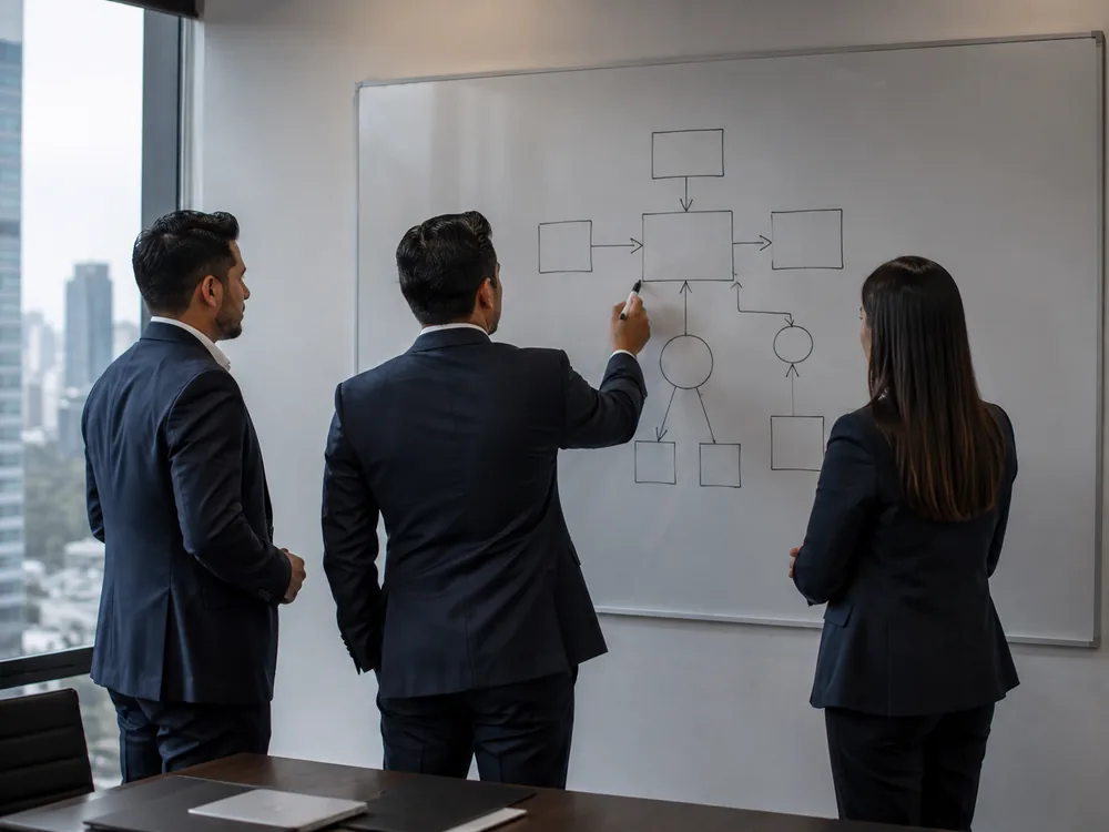 Equipo de trabajo frente a un pizarrón con diagramas de proceso